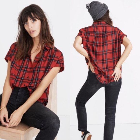 Madewell Central Shirt in True Red Dahl Plaid, XS, Short Sleeve Button Oversized - Picture 2 of 10